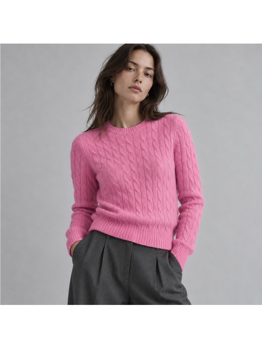 J.Crew 100% Cashmere Sweater Cable Knit Crew Neck Pullover Long Sleeve Pink. L